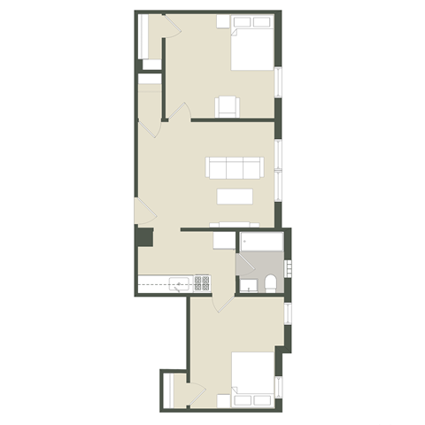 Floor plan for 2 beds, 1 bath, 993 sqft